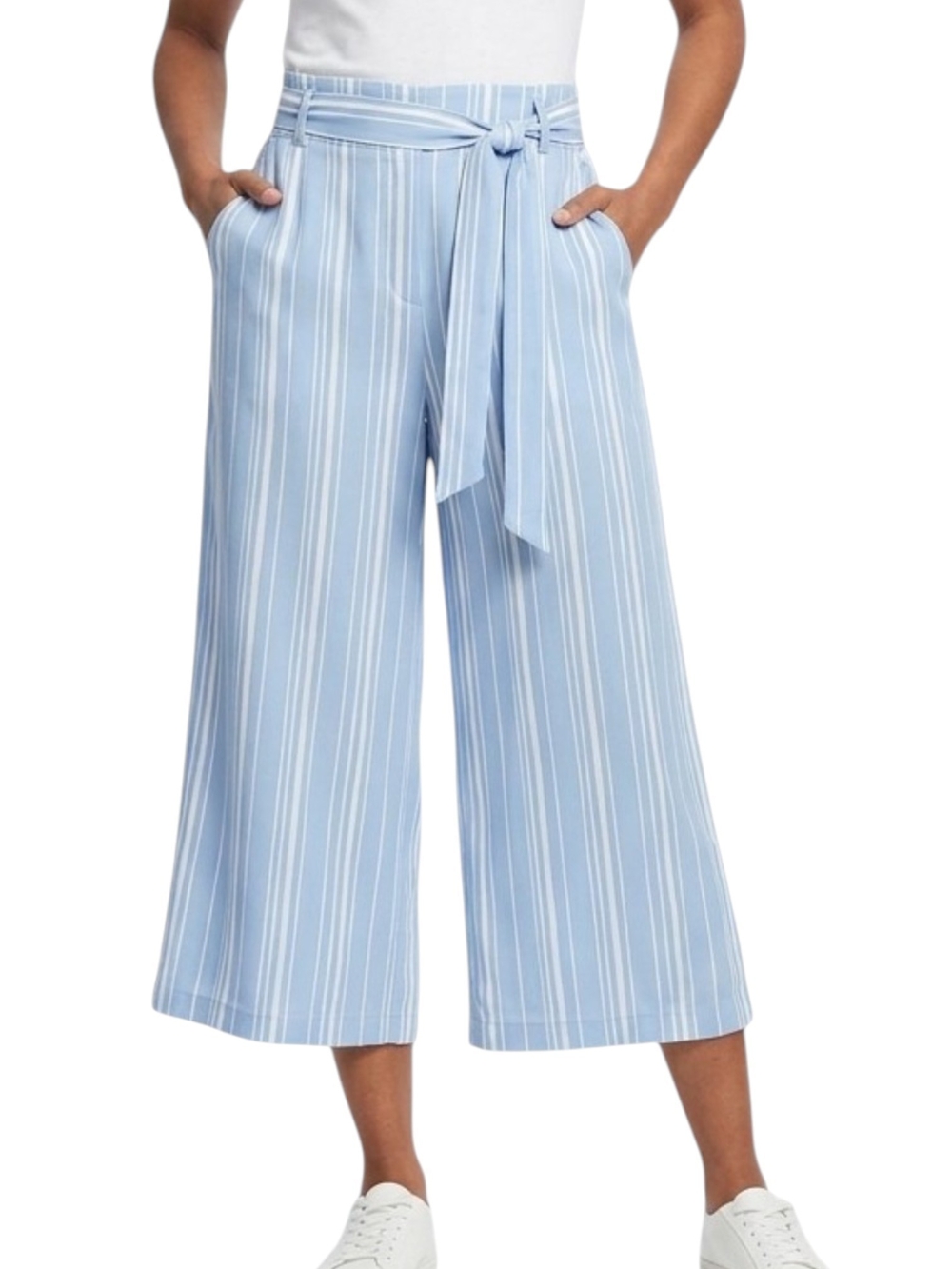 Candie's Blue White Vertical Stripe Wide Leg Culottes Paperbag Pants Pockets L